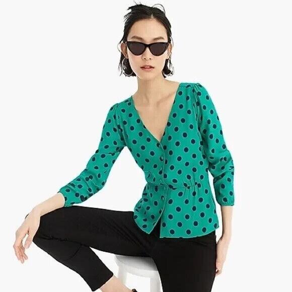 J Crew Polka Dot Top Womens 4 Navy Blue White Peplum Button Down Viscose Shirt - Picture 8 of 9